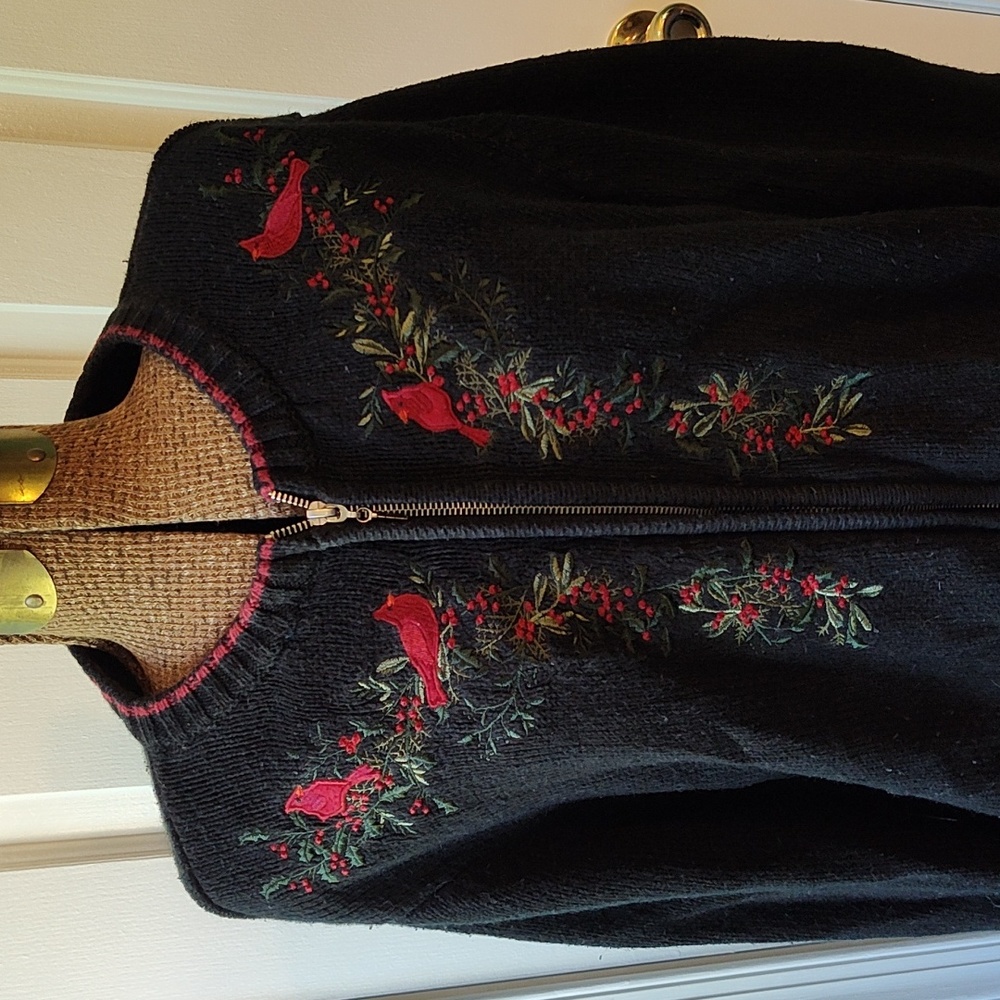 Black Zip-Up Sweater with Cardinal Design